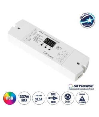GloboStar® 71447 D3-L SKYDANCE DC DMX & RDM Dimmer High Speed Controller - Decoder 3 Καναλιών DC 12-24V 3 x 6A 144W - Max 18.5A 432W - IP20 Μ17 x Π5 x Υ2.5cm - 5 Years Warranty